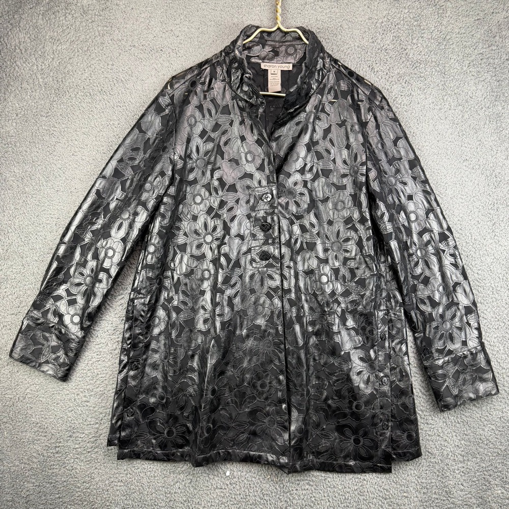 Sharon Young Womens Medium Black Metallic Floral Laser Cut Faux Leather Jacket‎